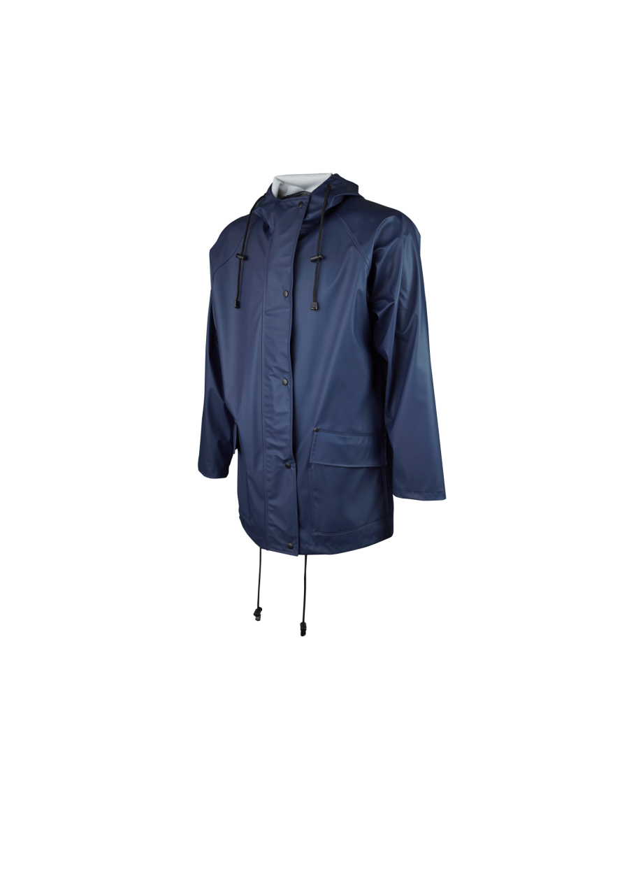 Куртка из ПУ с отлетной кокеткой на спинке и воротом стойкой с затяжниками по нижней части куртки